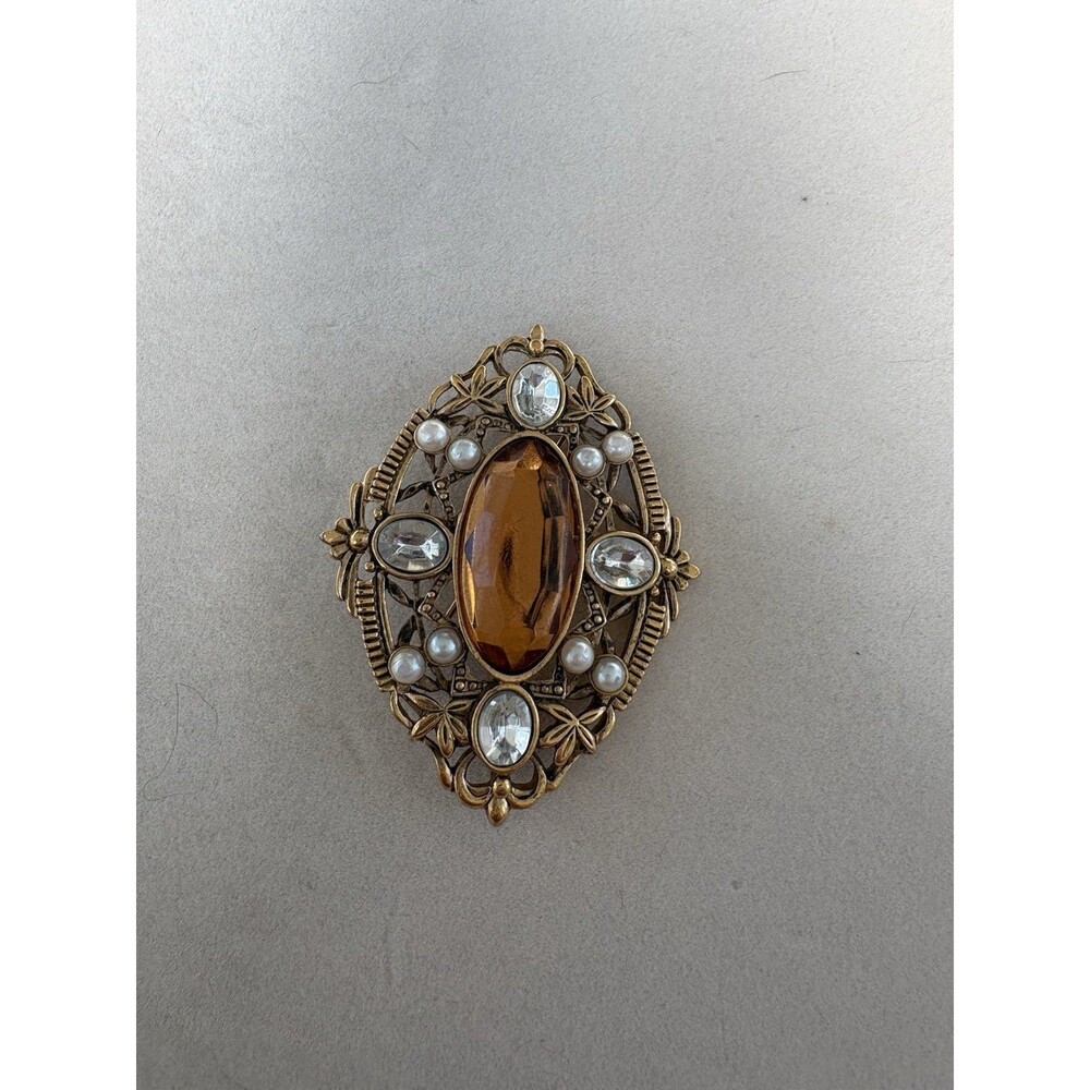 Vintage Avon Ornate Victorian Style Cobalt Glass Rhinestone Brooch Pendant